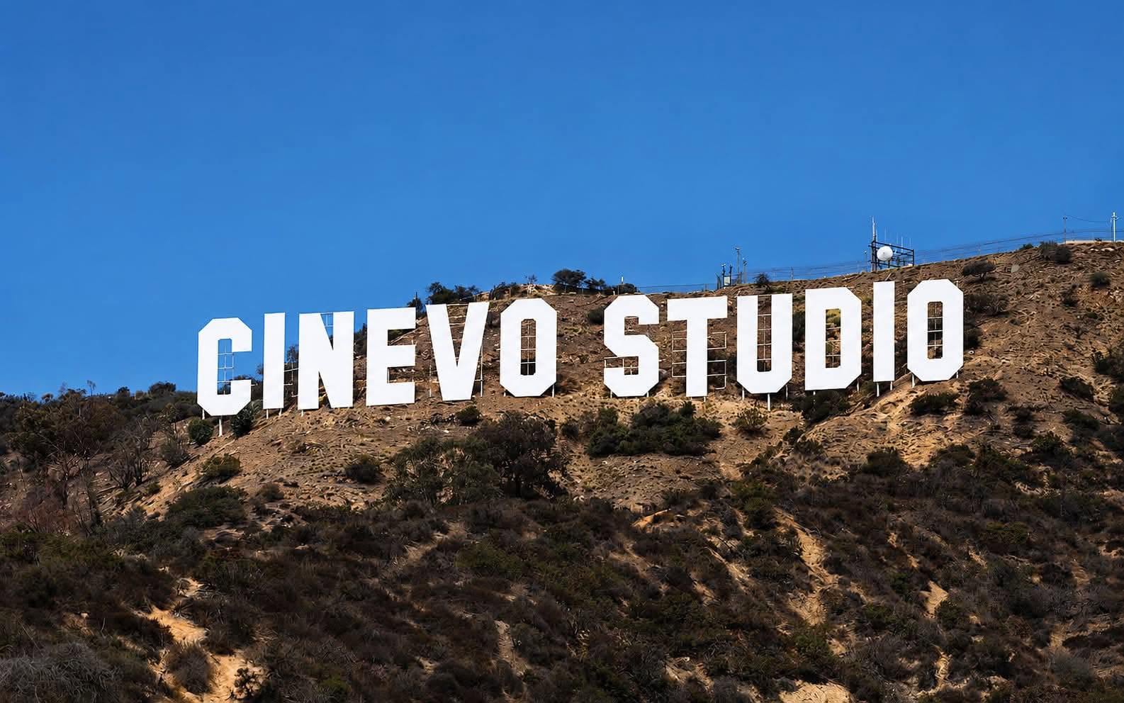 Cinevo Studio sign on a cinematic hillside